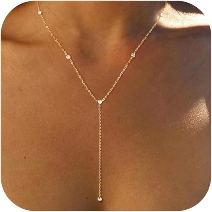 Lariat Necklace for Women, Dainty Long Necklaces, 14k Gold/Silver Plated Y-Shaped Drop Chain Necklace, Simple Layered Necklaces, Trendy Jewelry Gifts for Her