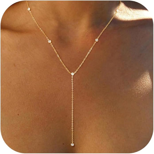 Lariat Necklace for Women, Dainty Long Necklaces, 14k Gold/Silver Plated Y-Shaped Drop Chain Necklace, Simple Layered Necklaces, Trendy Jewelry Gifts for Her