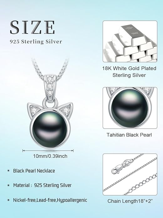 KANNSOAR Tahitian Black Pearl AAAA18K White Gold Plated Sterling Silver Cat Pendant Necklace for Women Wife Mom Girlfriend Valentine Her Jewelry Gift for Mother Day Anniversary Birthday