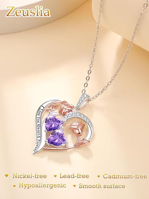 Zeuslia Double Birthstone Necklace Gifts for Wife - 925 Sterling Silver Sunflower/Rose/Crown Cross/Compass/Heart Pendant I Love You Necklace, Anniversary Birthday Gifts for Wife Girlfriend Mom Her