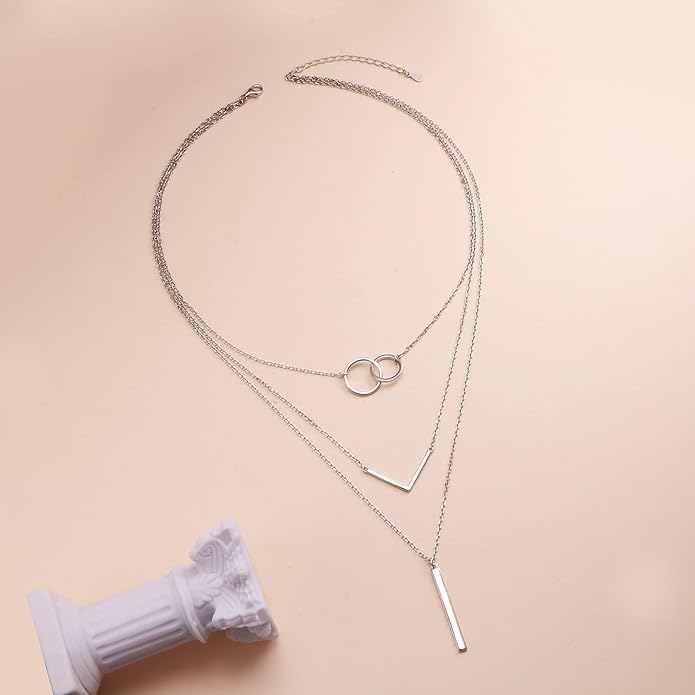 S925 Sterling Silver Layered Necklaces Multi 3 Layer Circle Bar Boho Long Triple Choker Pendant Necklace Jewerly Gift for Women