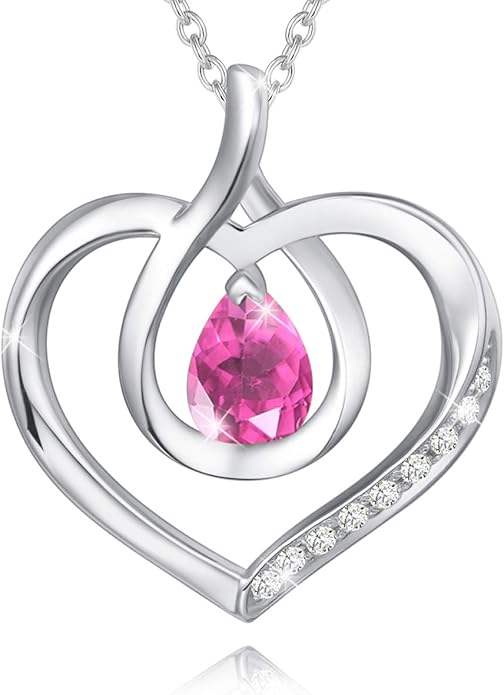 AGVANA Christmas Gifts Heart Birthstone Necklace for Women Sterling Silver Genuine or Created Gemstone Forever Love Pendant Necklace Fine Jewelry Anniversary Birthday Gifts for Women Mom Wife
