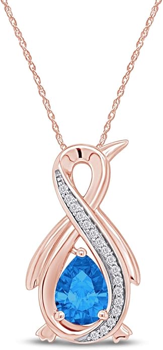 Infinity Penguin Pendant Necklace for Women, 14K Gold Over Sterling Silver with Pear & Round Cut Simulated Birthstone & White Diamond Accents, Dainty Animal Jewelry Gift with 18" Chain