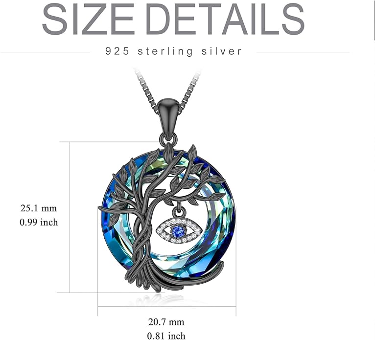 TOUPOP Evil Eye Necklace 925 Sterling Silver Tree of Life Circle Crystal Pendant Necklace Protection Jewelry Amulet Christmas Gifts for Women Her