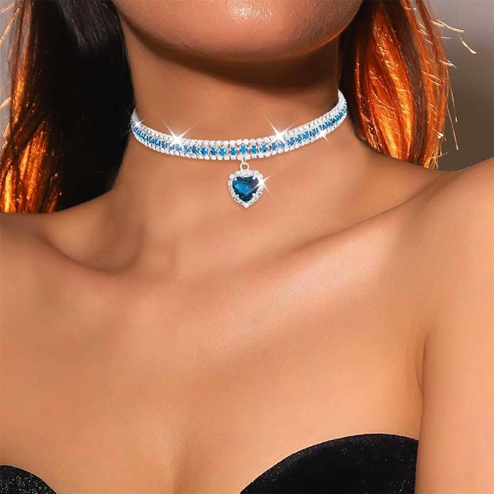 CLOACE Rhinestone Choker Necklace Heart Pendant Diamond Row Necklaces Sparkly Crystal Prom Chain Jewerly Accessories for Women
