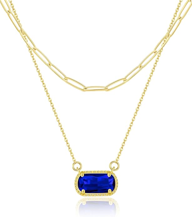 Lourny Gemstone Birthstone Pendant Layered Necklace for Women Trendy, 18K Gold Plated Paperclip Chain Preppy Choker Charm Necklace for Women Wife Jewelry