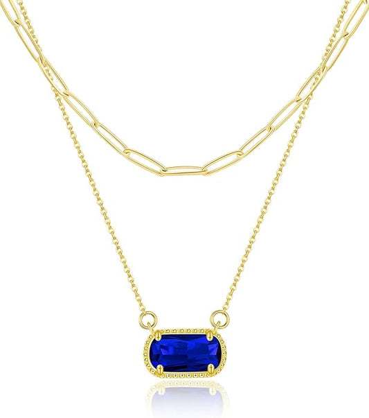 Lourny Gemstone Birthstone Pendant Layered Necklace for Women Trendy, 18K Gold Plated Paperclip Chain Preppy Choker Charm Necklace for Women Wife Jewelry