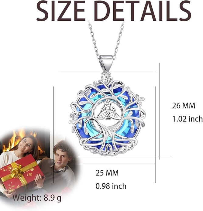 Tree of Life Pendnat Sunflower/Celtic Necklace with Blue Crystal Tree Jewelry Gifts for Women