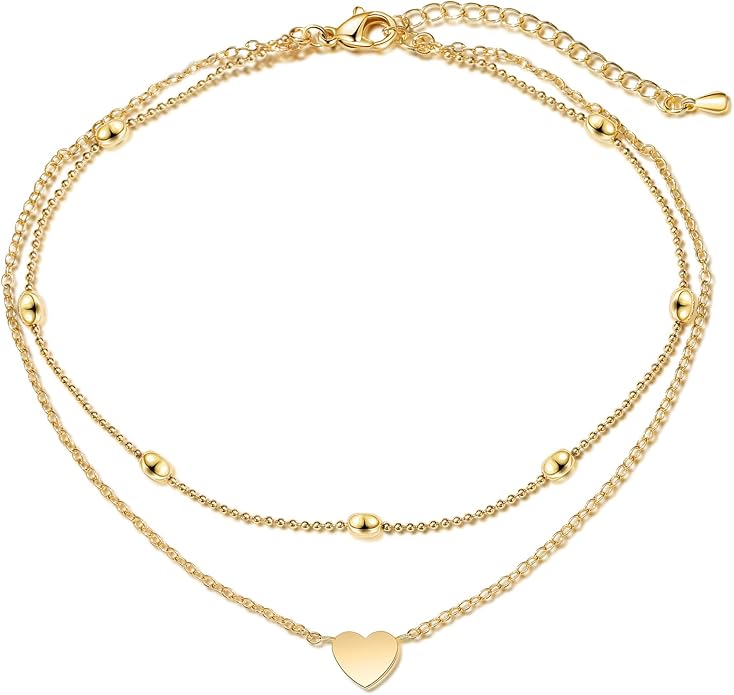 Pencros Dainty Layered Anklet,14K Gold Filled Cute Beads Satellite Chain Heart Boho Adjustable Anklets for Women