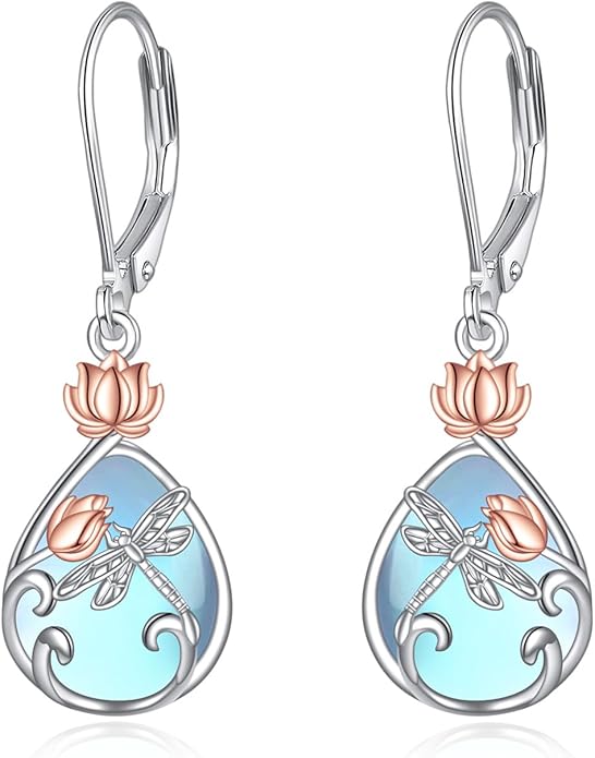 AOBOCO Butterfly/Dragonfly/Bee/Ladybug Leverback Earrings 925 Sterling Silver Rose Lotus Tulip Flower Filigree Dangle Earrings Teardrop Moonstone Larimar Turquoise Abalone Shell Jewelry Birthday Gifts for Women