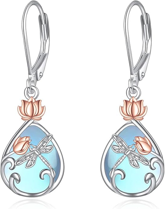 AOBOCO Butterfly/Dragonfly/Bee/Ladybug Leverback Earrings 925 Sterling Silver Rose Lotus Tulip Flower Filigree Dangle Earrings Teardrop Moonstone Larimar Turquoise Abalone Shell Jewelry Birthday Gifts for Women
