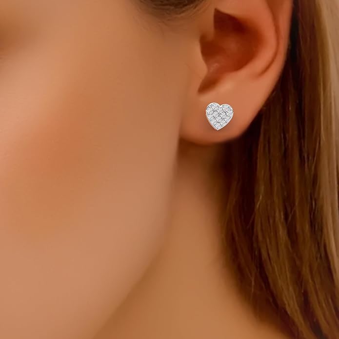 WHY SO SILVER INC 0.24 Ctw Round Cut Natural Diamond Micro Pave Set Heart Studs Earring | Crafted In 925 Sterling Silver | Color: I-J, Clarity: I2-I3 | Fine Jewelry Gift Box Included