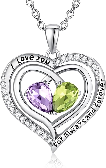 Zeuslia Double Birthstone Necklace Gifts for Wife - 925 Sterling Silver Sunflower/Rose/Crown Cross/Compass/Heart Pendant I Love You Necklace, Anniversary Birthday Gifts for Wife Girlfriend Mom Her