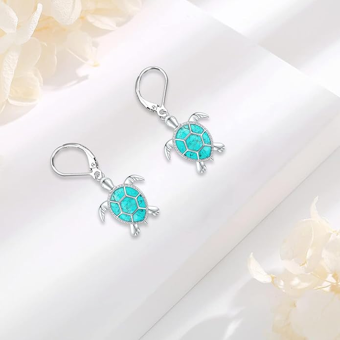 Black Cat/Turtle/Moonstone//Turquoise/Flower/Tree of Life Earrings Sterling Silver Cute Animal Leverback Dangle Earrings Jewelry Gifts