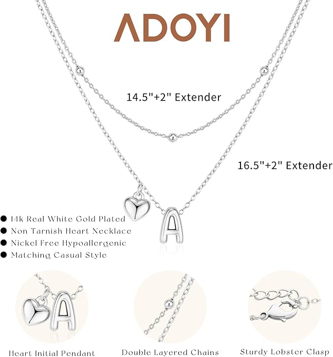 adoyi Gold Necklace for Women Layered Bubble Heart Letter Initial Necklaces for Women Trendy Jewelry 14K Gold Plated Chain Chunky Name Necklace Stack Charm A-Z Pendant Set Jewelry Gifts