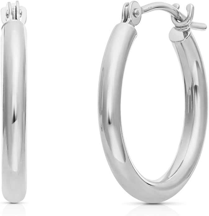 14k White Gold Polished Real Gold Hoop Earrings, Plain Round Gold Hoops, White Gold Hoop Earrings