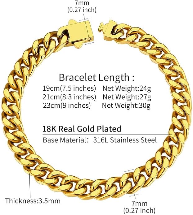 ChainsHouse Stainless Steel Cuban Link Bracelet for Men, 5mm/7mm/9mm/12mm Width, 7.5"/8.3"/9" Length, Black/18K Gold Plated Chain Wrist Bracelets for Men, with Gift Box