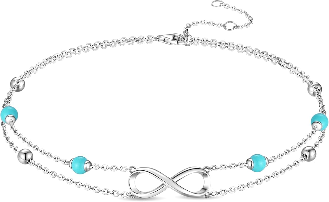 FANCIME Ankle Bracelets For Women, 925 Sterling Silver Infinity Layered Anklet Adjustable Turquoise Beaded Chain Beach Jewelry Gifts for Women