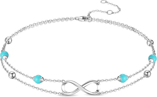 FANCIME Ankle Bracelets For Women, 925 Sterling Silver Infinity Layered Anklet Adjustable Turquoise Beaded Chain Beach Jewelry Gifts for Women