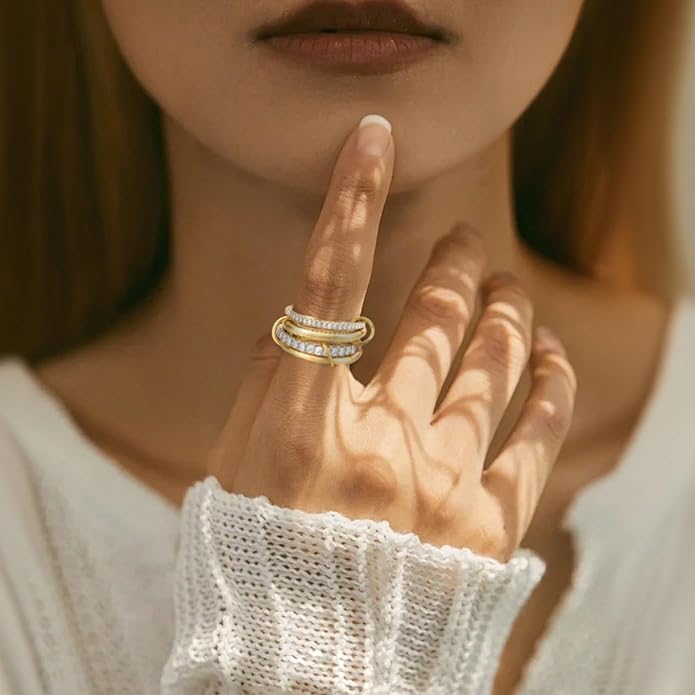 Canboer 14K Gold Plated Interlocked Stackable Rings for Women Non Tarnish,Gold and Silver Cubic Zirconia Statement Rings Set,Mixed Metals Ring Two-Toned Connected Bands Stacking Jewelry