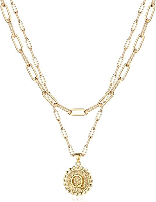 Yoosteel Gold Initial Necklaces for Women, 14K Gold Plated Dainty Layering Paperclip Link Chain Necklace Coin Initial Layered Necklaces for Women Personalized Birthday Gifts