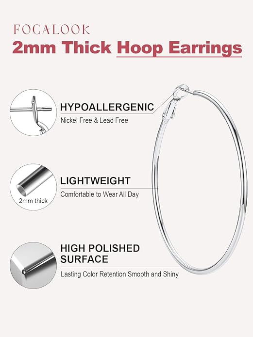 FOCALOOK 14K Gold Plated Lightweight Large Hoops| 2mm Thin Hoop Earrings for Women 30/40/50/70/100mm
