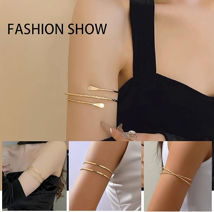 YVVLEE 4 Pieces Gold Arm Cuff Bracelets Set Jewelry Upper Coil Bangle Bracelets Adjustable Armband Set for Women