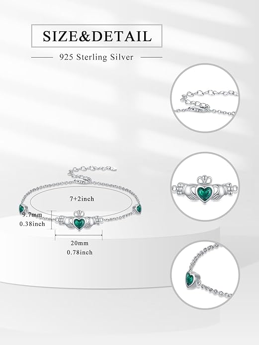 Infinity Love Heart/Claddagh Bracelet for Women 925 Sterling Silver Charm Link Bracelet Adjustable Valentine’s Day Jewelry Gift for Her