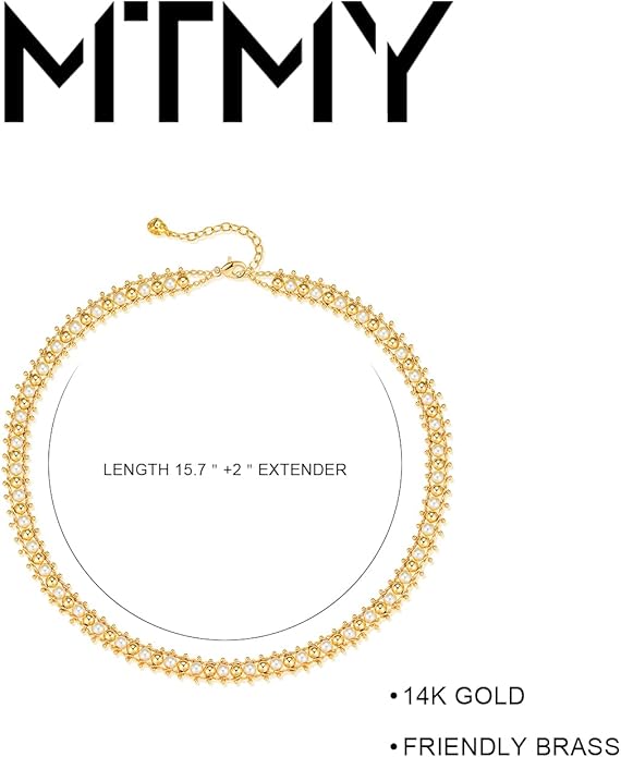 MTMY Beaded Necklaces for Women 14K Gold Plated Dainty Colorful Green/Rose Beaded Pearl Choker Necklace Delicate Boho Choker Necklace Jewelry Gift