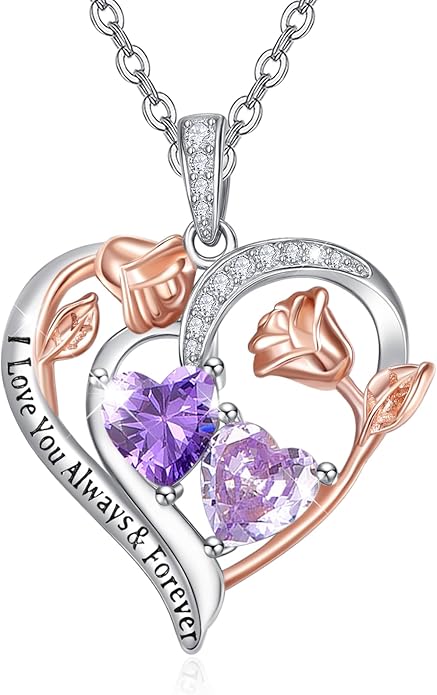Zeuslia Double Birthstone Necklace Gifts for Wife - 925 Sterling Silver Sunflower/Rose/Crown Cross/Compass/Heart Pendant I Love You Necklace, Anniversary Birthday Gifts for Wife Girlfriend Mom Her
