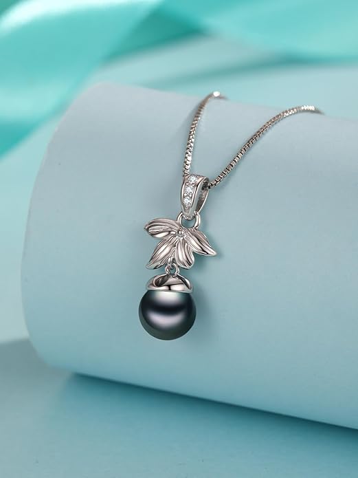 KANNSOAR Tahitian Black Pearl AAAA 18K Gold Plated Sterling Silver Trendy Pendant Necklace for Women Wife Mom Girlfriend Valentine Her Jewelry Gift for Anniversary Birthday Christmas
