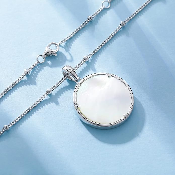 AGVANA Valentines Day Gifts Sterling Silver Birth Flower Necklace for Women Genuine Mother of Pearl CZ Round Disc Pendant Necklace Fine Jewelry Anniversary Birthday Gifts for Women Wife Mom Her