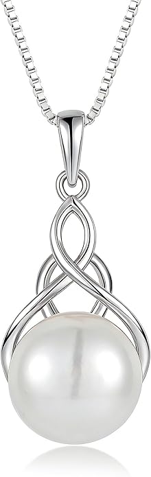 Veshon Celtic Infinity Pearl Pendant Necklace for Women, 925 Sterling Silver Good Luck Irish Pendant with 10MM Freshwater Cultured Pearl, White/Rose/ 14K Gold Plated Jewelry Gift