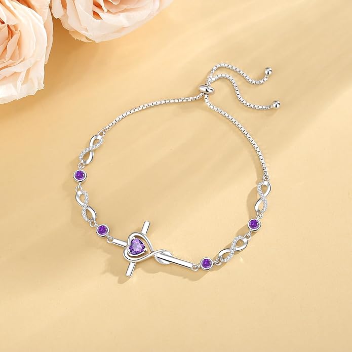 FANCIME Gift for Women Cross Bracelet 925 Sterling Silver Heart Birthstone Bracelet Fine Jewelry Birthday Gifts for Her Women