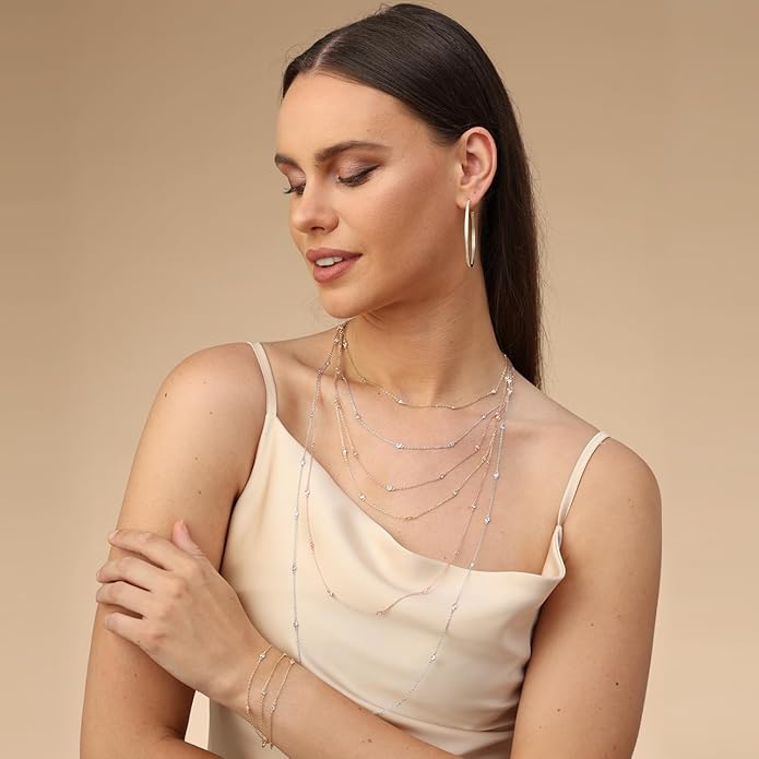 2.9MM Round Lab Created Moissanite Bezel Set Station Chain Necklace In 14k Gold Over Sterling Silver 16'' To 36" (0.60 Ct To 1.60 Ct), Mother's Day Gift For Her