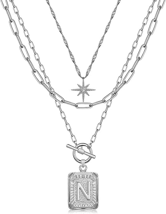 MJartoria Layered Initial Necklaces for Women Trendy, 14K Gold Plated Brass Simple Star Choker Square Letter Pendant Necklace, Paperclip Chain Necklaces Jewelry Gifts