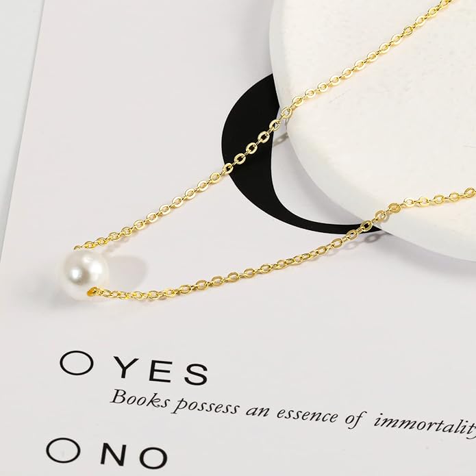 Gold Pearl Necklace for Women, 14K Gold Plated Layered Pearl Necklaces for Women Trendy Simple Herringbone Chain Pearl Necklace for Women Gold Jewelry Gifts