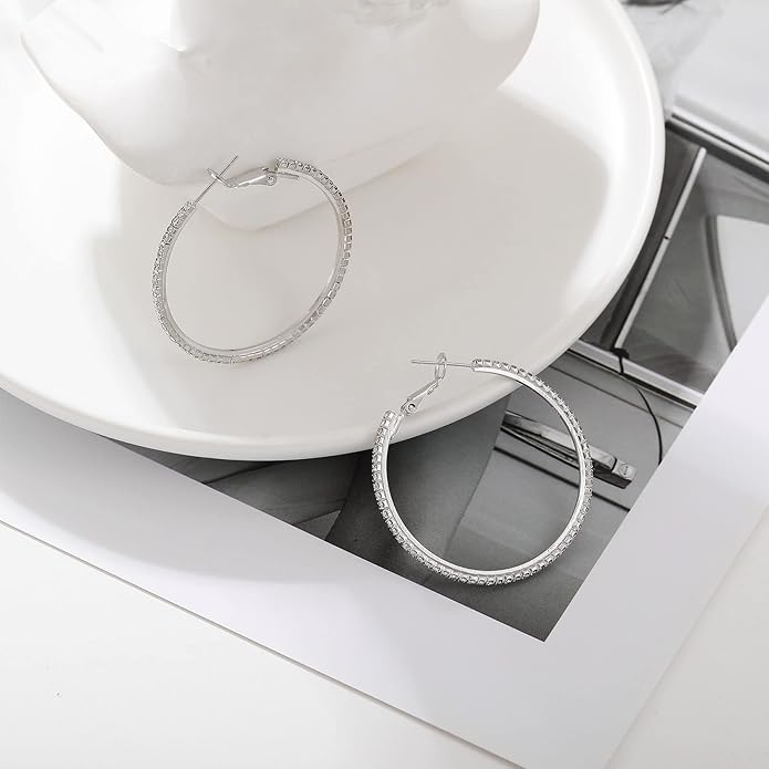 925 Sterling Silver Earrings Large Rhinestone Hoop Earrings Big Cubic Zirconia Hoop Earrings Thin Rhinestones Round Hoop Earrings for Women 20/30/40/50/60/70mm Sparkly Hoops With Crystals for Womens