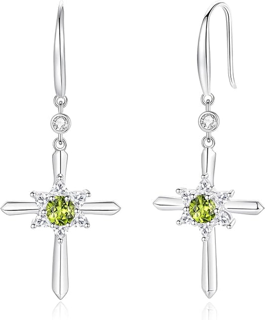 FANCIME Cross Dangle Drop Earrings 925 Sterling Silver Dainty Round Birthstone Earring Fine Jewelry Birthday Gifts for Her Women