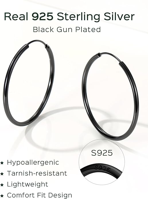 ChicSilver Hypoallergenic 925 Sterling Silver Hoop Earrings for Women, Lightweight Large Gold Plated Hoop Earrings, Endless Hoops Earring 20/30/40/50/60/70MM