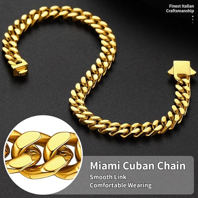 ChainsHouse Stainless Steel Cuban Link Bracelet for Men, 5mm/7mm/9mm/12mm Width, 7.5"/8.3"/9" Length, Black/18K Gold Plated Chain Wrist Bracelets for Men, with Gift Box