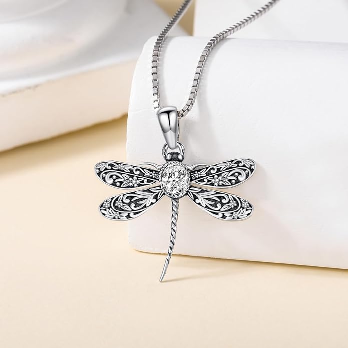 Vintage Dragonfly Necklace for Women 925 Sterling Silver, Oval Birthstone Dragonfly Pendant Boho Jewelry Birthday Gift for Her, Mom, Grandma