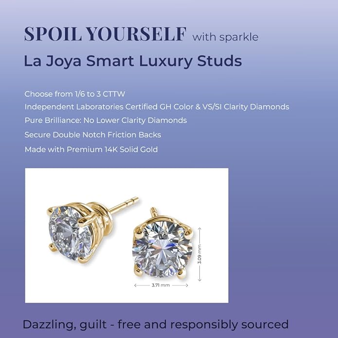 Certified 1/6-3 Ct. Tw. Lab Grown Diamond Stud Earrings for Women and Men | 14K White and Yellow Solid Gold | Premium GH Color and VS - SI Clarity Grade Diamonds