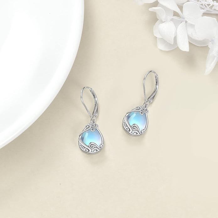 Moonstone Filigree Drop Dangle Teardrop Earrings 925 Sterling Silver Moonstone Leverback Earrings for Women Jewelry Gifts