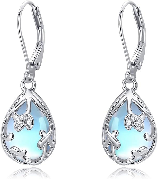 Filigree Drop Earrings 925 Sterling Silver Moonstone Teardrop Earrings Dangle Jewelry Gifts for Women