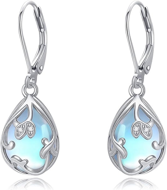 Filigree Drop Earrings 925 Sterling Silver Moonstone Teardrop Earrings Dangle Jewelry Gifts for Women