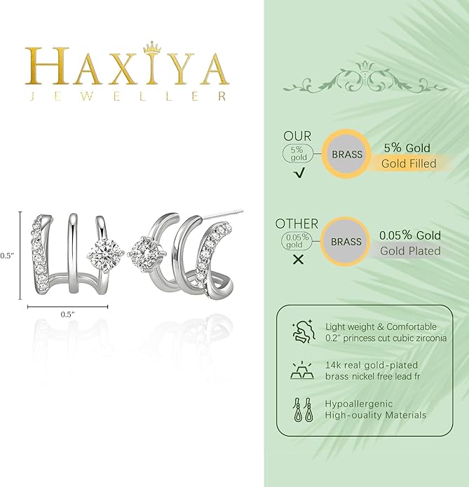 14K Gold Plated Hoop Earrings for Women Triple Huggie Illusion Stud Earring | Double Huggie Hoop Earrings for One Hole | Claw Ear Cuff Earring Jewelry Gift for Women