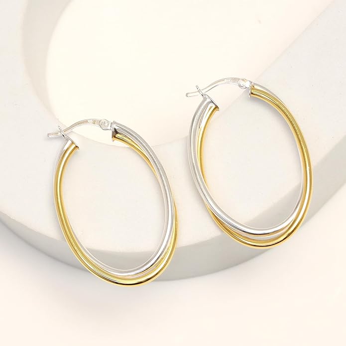 LeCalla 925 Sterling Silver Chunky Hoop Earrings | 14K Two-Tone Three-Tone Hoop Earrings | Intertwining Oval Shape Polished Twisted Hoop Earrings for Women