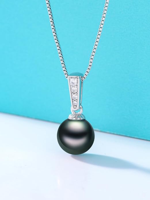 KANNSOAR Tahitian Black Pearl AAAA 18K White Gold Plated Sterling Silver Pendant Necklace for Women Wife Mom Girlfriend Her Jewelry Gift for Birthday Anniversary Christmas