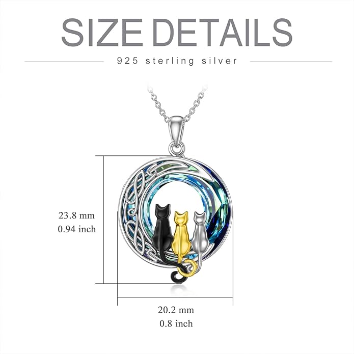 TOUPOP Christmas Cat Gifts for Cats Lovers One Two Three Four Cats Necklace Sterling Silver Cats on the Moon Pendant Necklace with Blue Circle Crystal Birthday Christmas Celtic Jewelry Gifts for Women